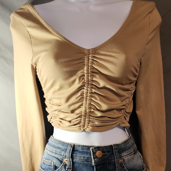 Tan Ruched Crop Blouse with Long Sleeves - Picture 1 of 7